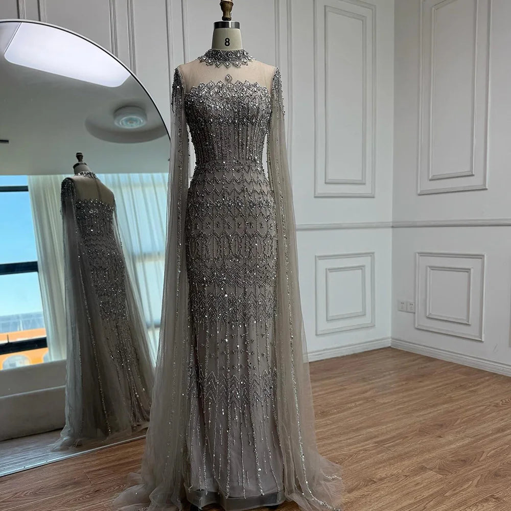 Luxury Nude Beaded Evening Dress with Long Cape Sleeves LA72714A
