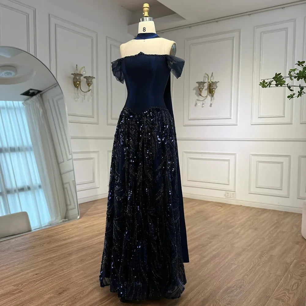 Luxury Arabic Navy A-Line Evening Dress with Beaded LA73050