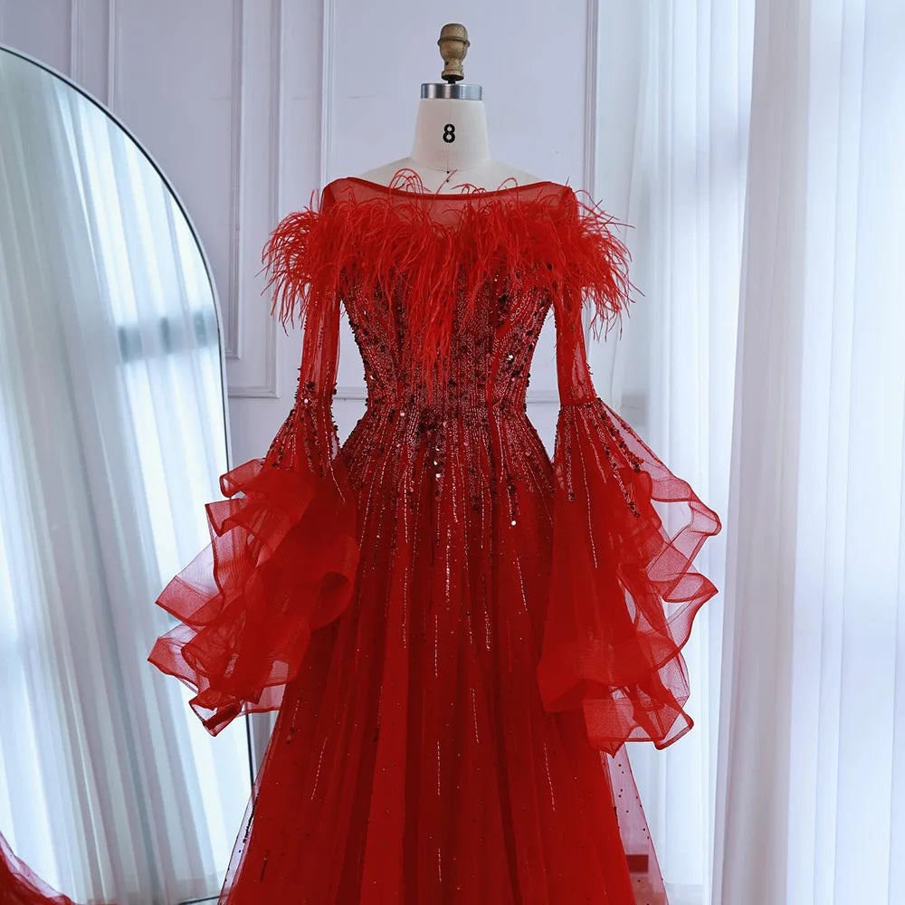 Luxury Red Feathered A-Line Evening Dress with Puffy Sleeves LA73080