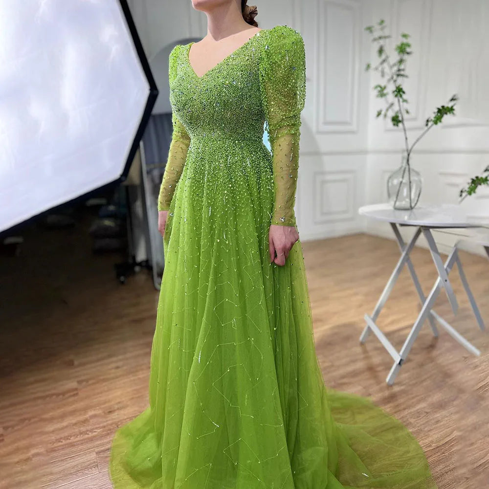 Green Mermaid Elegant With Skirt Sleeves Beaded Evening Dresses Gowns For Party LA71762