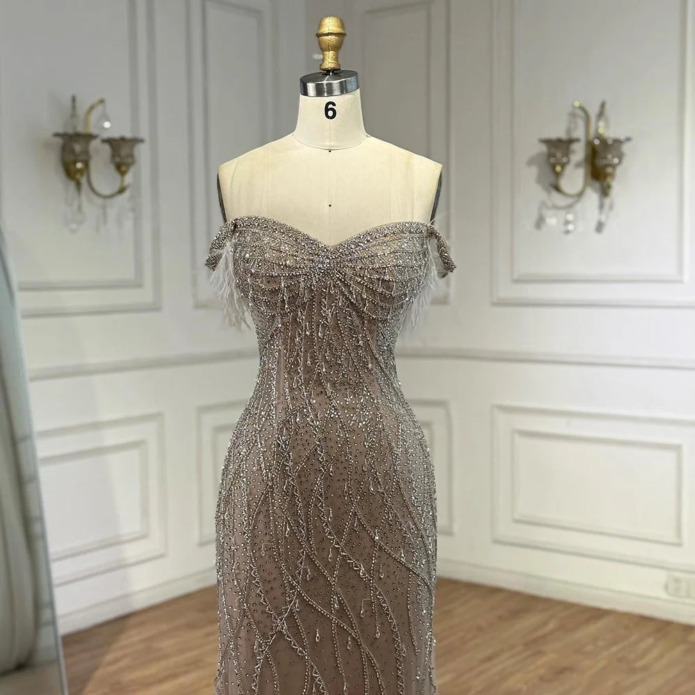 Luxury Nude Beaded Feather Mermaid Evening Dress Dubai Style LA72818