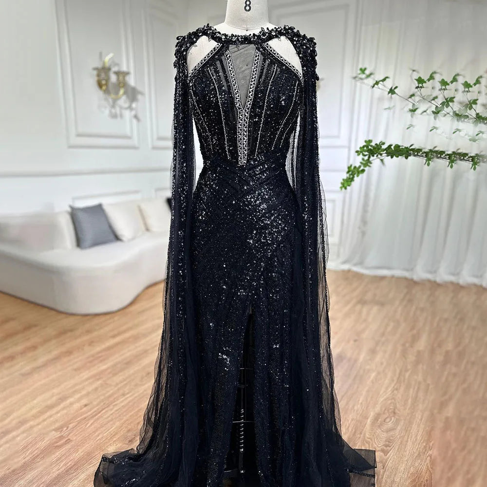 Luxury Crystal Yellow Evening Dress with Cape Sleeves LA72085