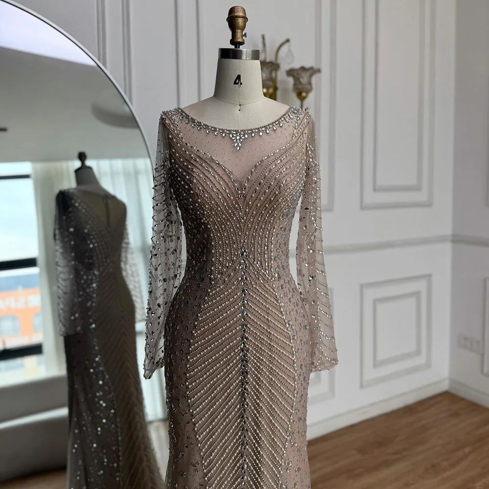 Luxury Arabic Silver Nude Beaded Mermaid Long Sleeve Evening Dress LA73132