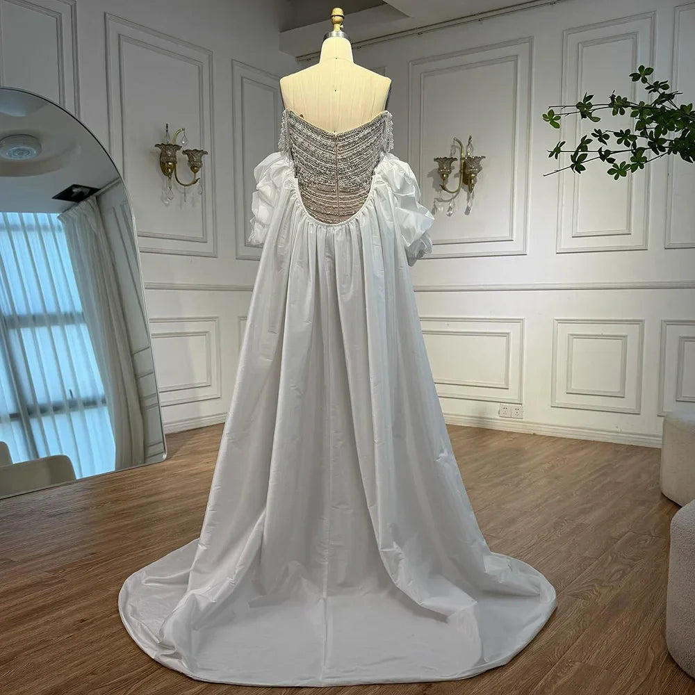 White Nude Beaded Mermaid Evening Dress with Satin Cape LA72253B
