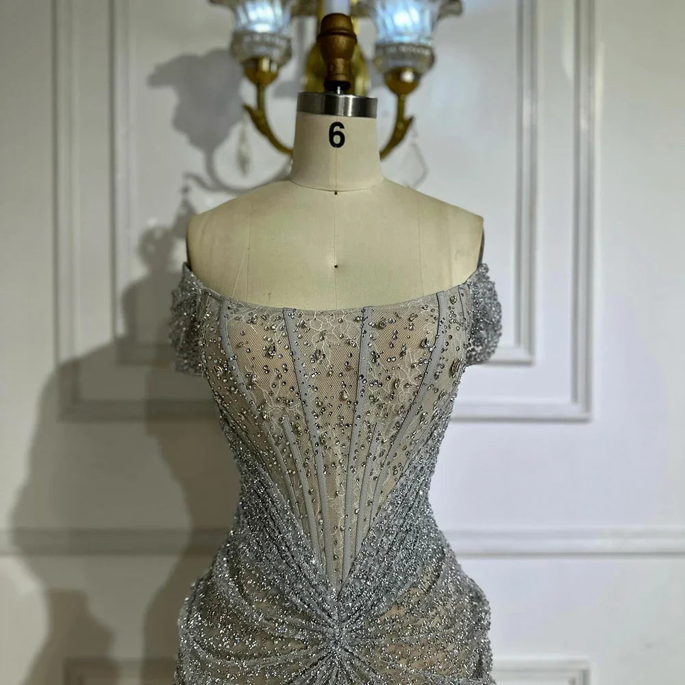 Luxury Designer Beaded Silver Nude Mermaid Evening Dress LA72905