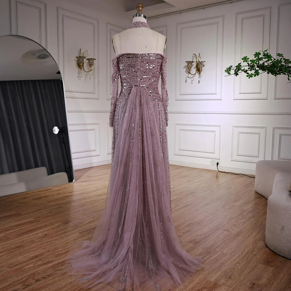 Luxury Caramel Off Shoulder Beaded Mermaid Evening Dress Long Sleeves LA73053