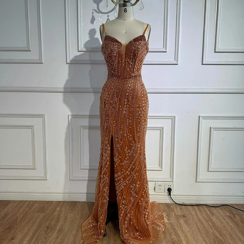 Orange Beaded Evening Dress with Slit Spaghetti Straps LA72542