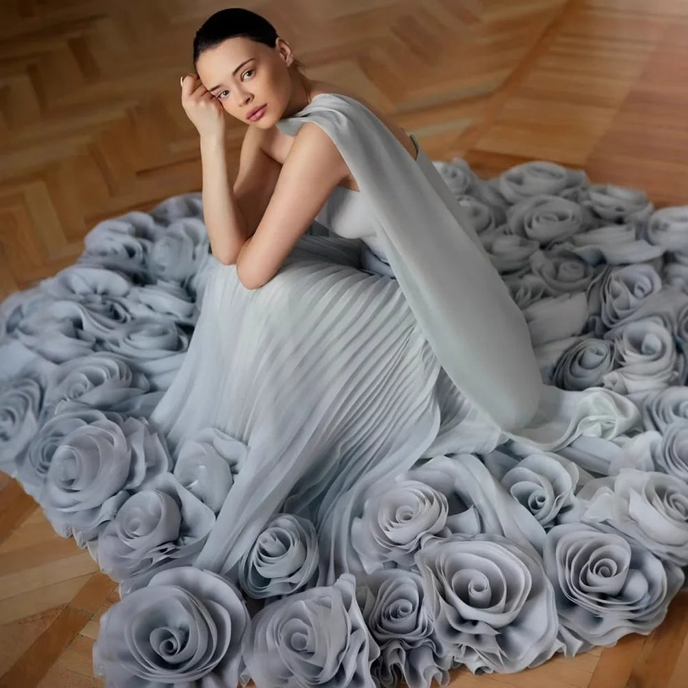 Elegant Sage Green 3D Flowers A Line Evening Dresses Gowns LA72913