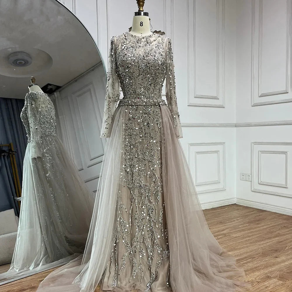 Luxury Dubai Turquoise Beaded Evening Dress with Tulle LA72601
