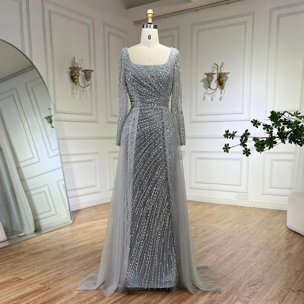 Serene Hill 2025 Arabic Dubai Silver Gray Mermaid Detachable Skirt Beaded Luxury Evening Dresses Gowns for Women Party LA71618L