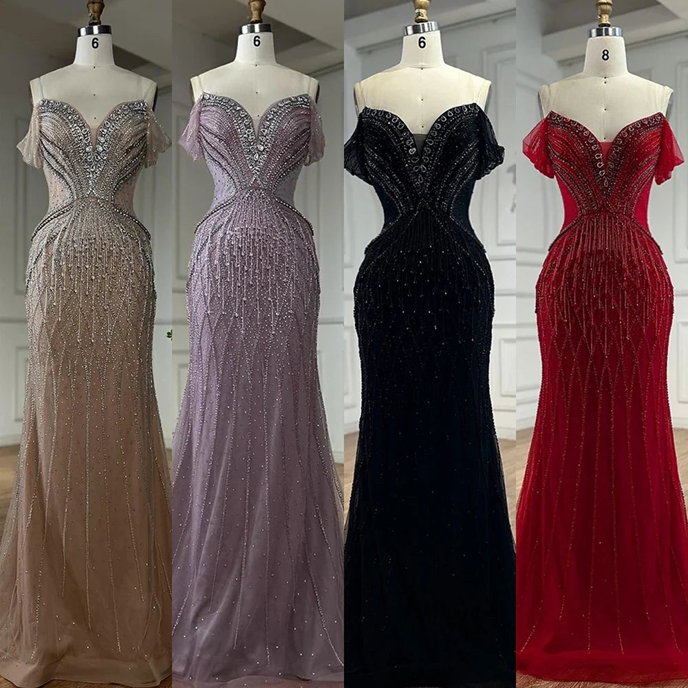Saudi Arabic Off Shoulder Nude Beaded Tulle Mermaid Evening Gown LA72854