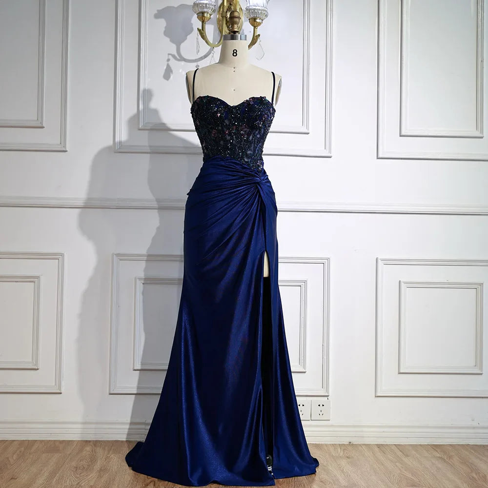 Classy Light Green Satin Prom Dress with Lace and Slit LA73032A