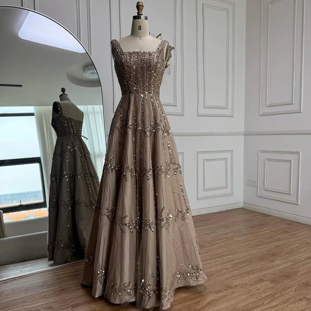 Elegant Sage Green Beaded A-Line Evening Dress LA73064