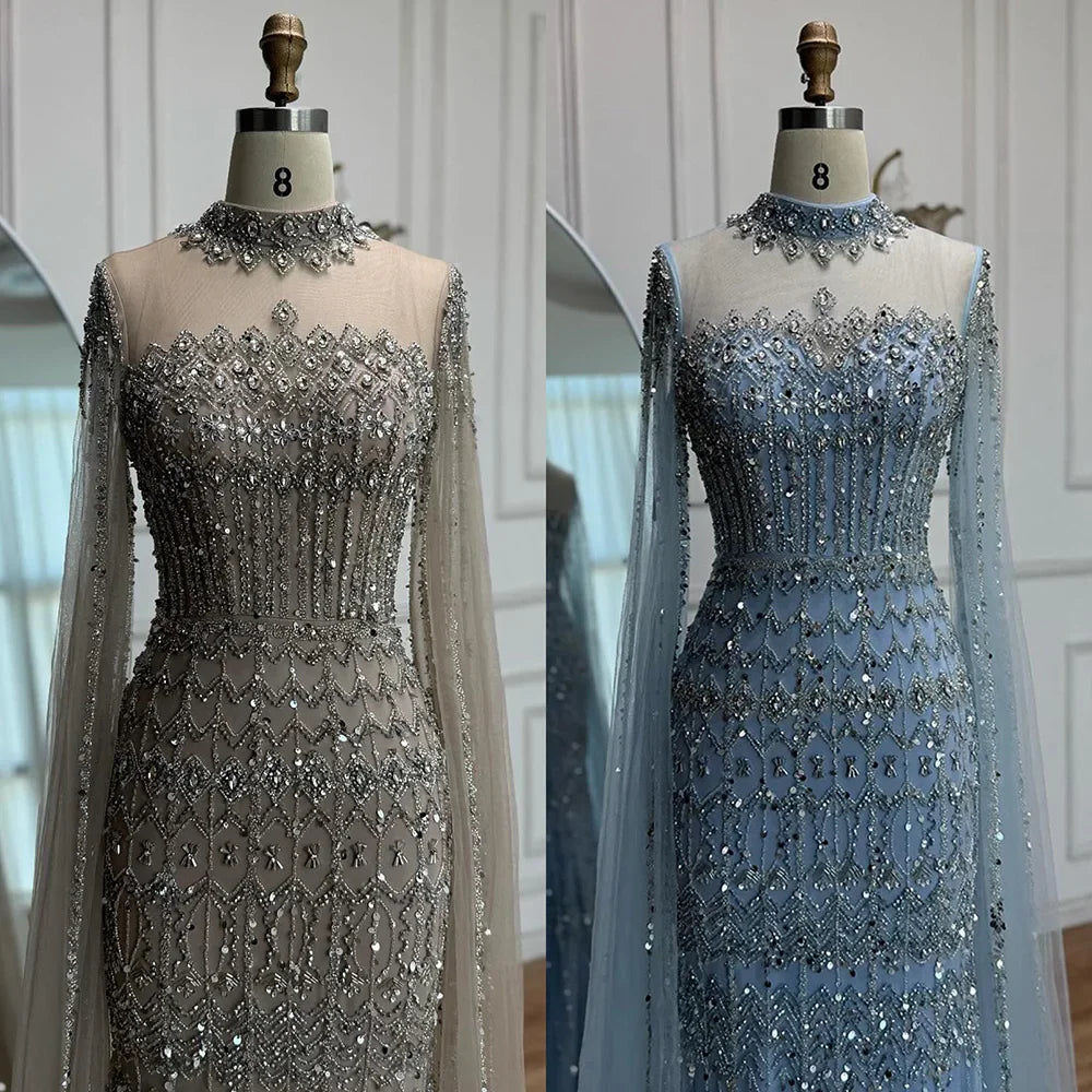 Luxury Nude Beaded Evening Dress with Long Cape Sleeves LA72714A