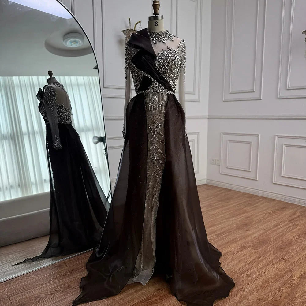 Silver Nude Beaded Long Sleeve Arabic Evening Dress LA72769A