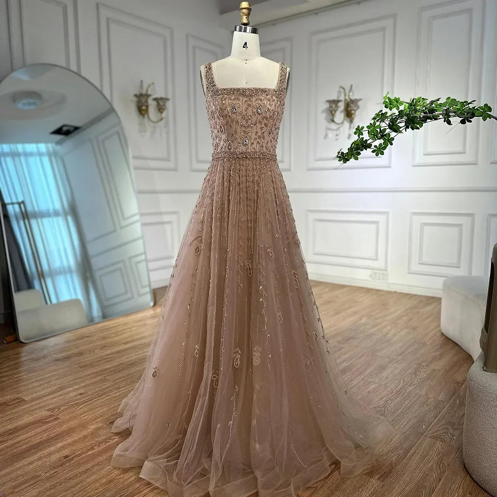 Nude Square Neck Beaded A-Line Evening Dress LA72835