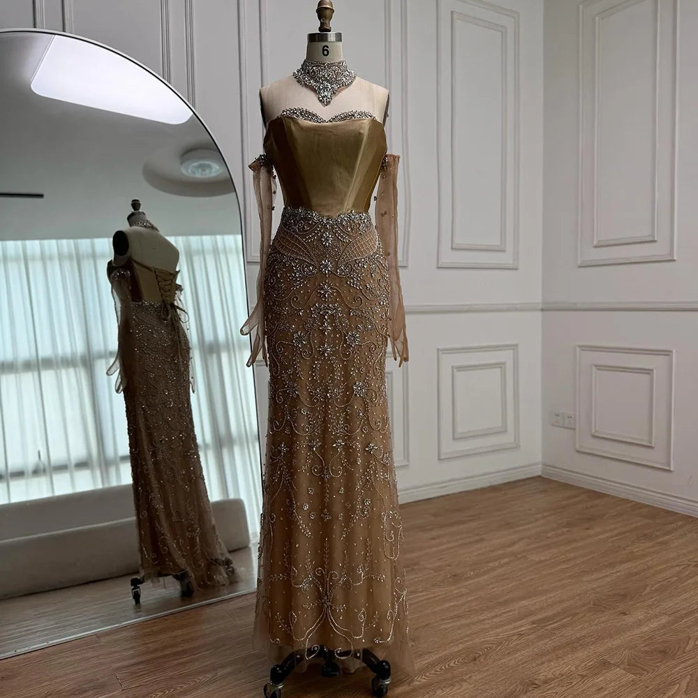 Luxury Beaded Corset Evening Dress Sheer Long Gloves LA72929