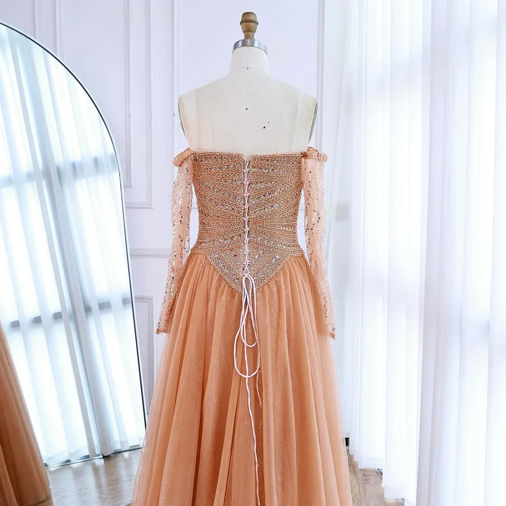 Luxury Nude Off Shoulder A-Line Beaded Evening Dress LA73038