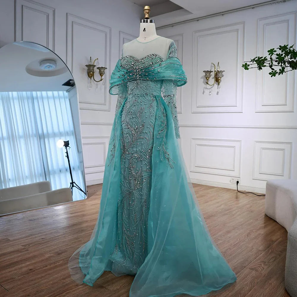 Luxury Blue Designer Evening Dress with Long Sleeves Overskirt LA72841