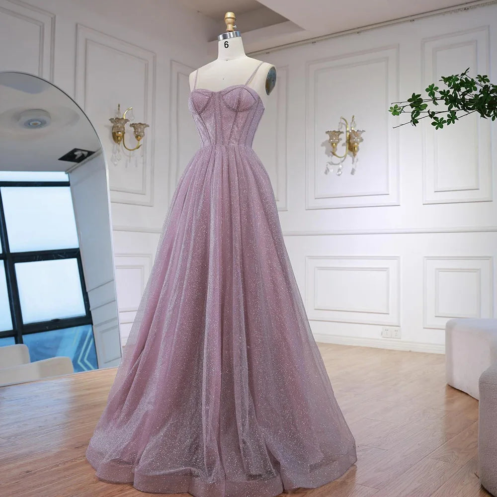 Luxury Pink Glitter A-Line Evening Dress with Corset Bodice LA73017