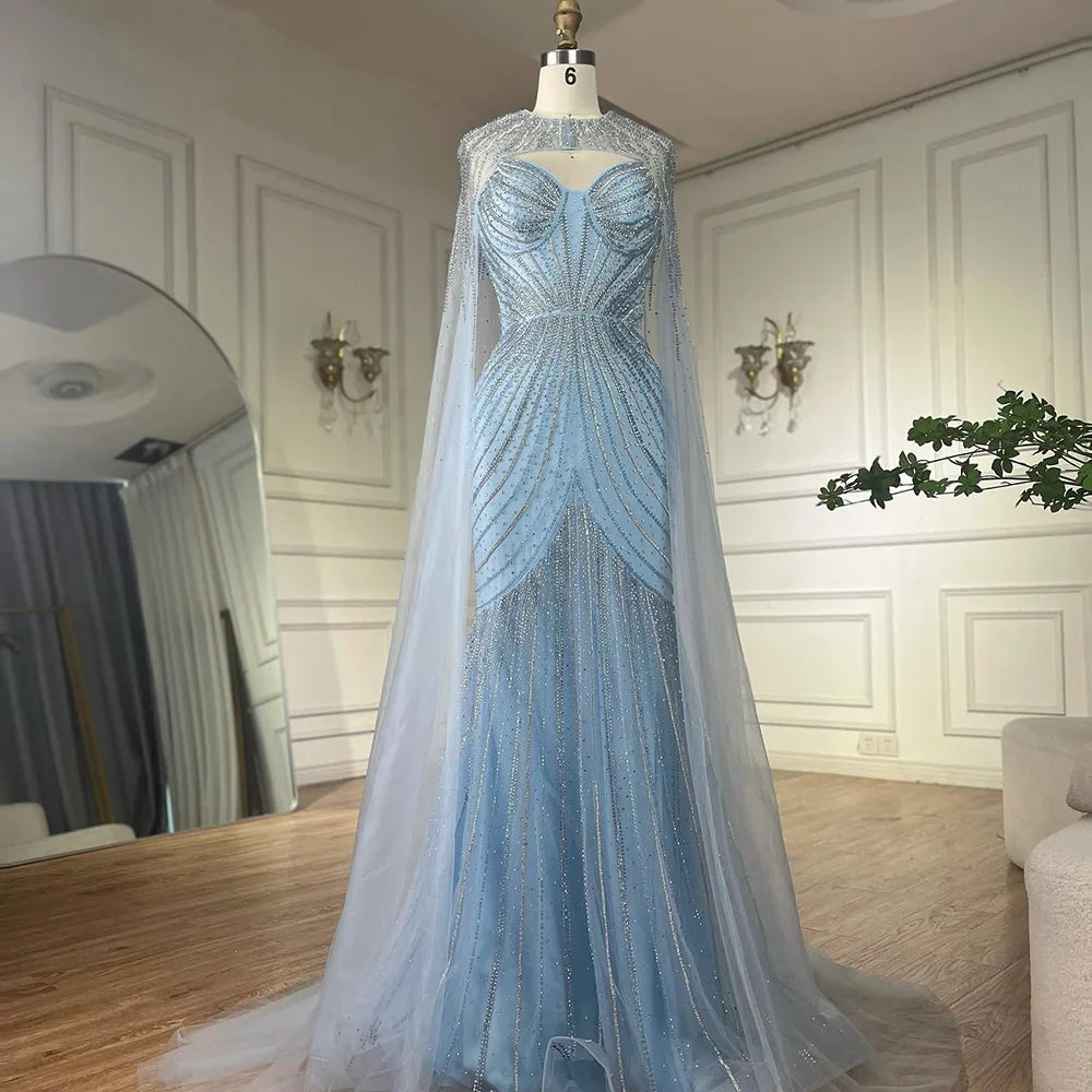 Luxury Dubai Arabic Blue Spaghetti Straps Beaded Evening Gown with Detachable Cape Dress for Formal Occasion LA72784