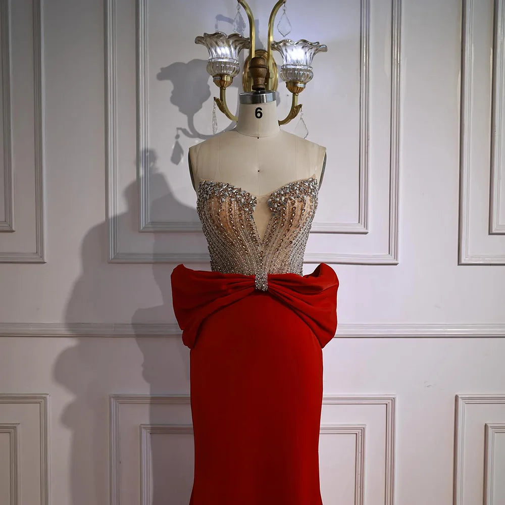 Designer Red Satin Evening Dress with Bow LA73060