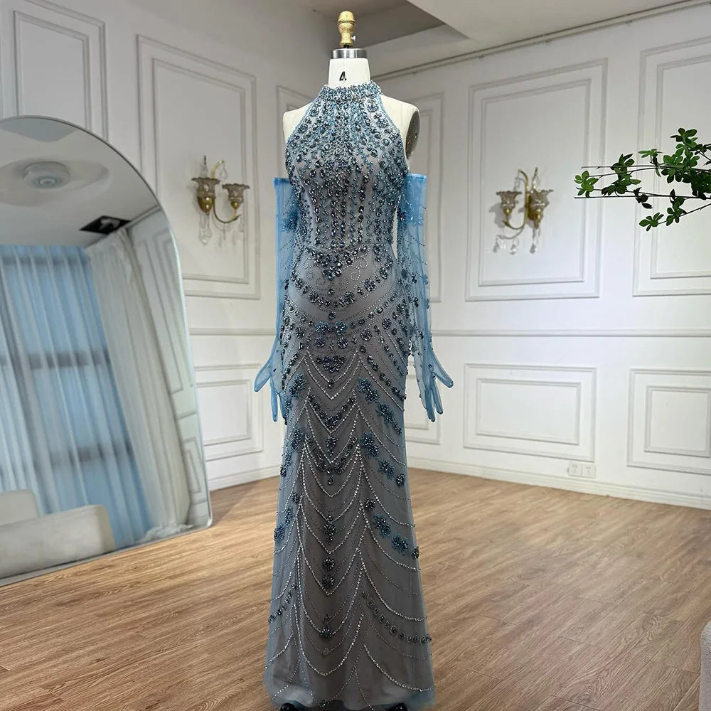Luxury Dubai Arabic Blue Beaded Evening Dress with Gloves LA72760A
