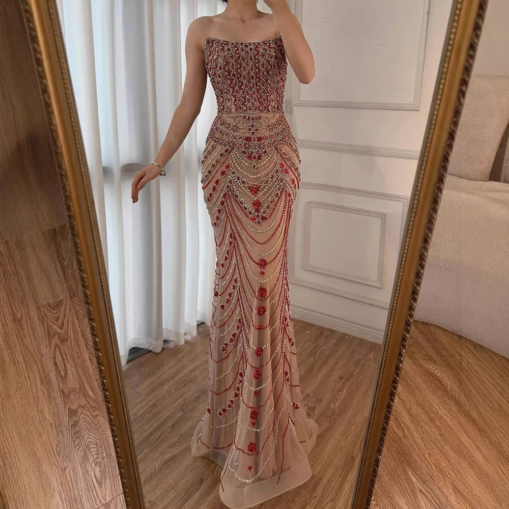 Luxury Green Beaded Saudi Arabic Evening Gown for Formal Occasion LA72842
