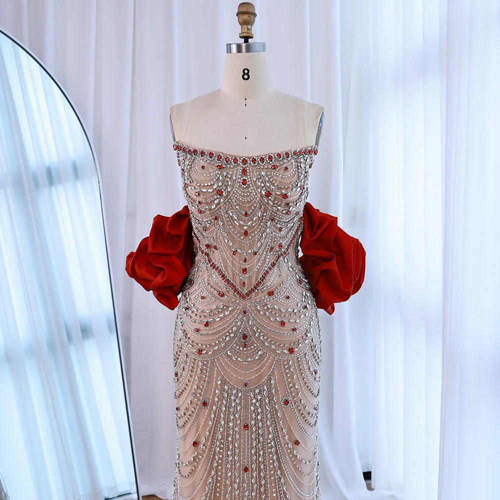 Luxury Beaded Evening Dress Puff Sleeves Pearl Adorned LA72903