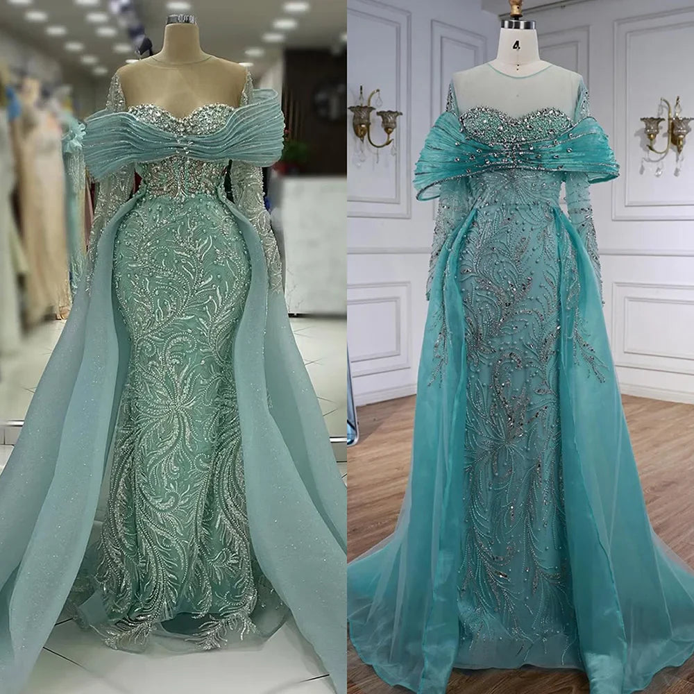 Luxury Blue Designer Evening Dress with Long Sleeves Overskirt LA72841