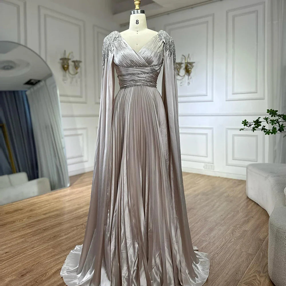 Rose Gold Beaded Satin A-Line Evening Dress with Cape Sleeves LA72663