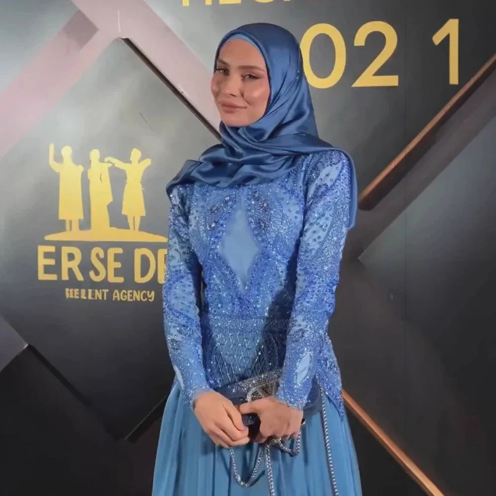 Luxury Designer Blue Beaded Evening Dress with Long Sleeves LA72962