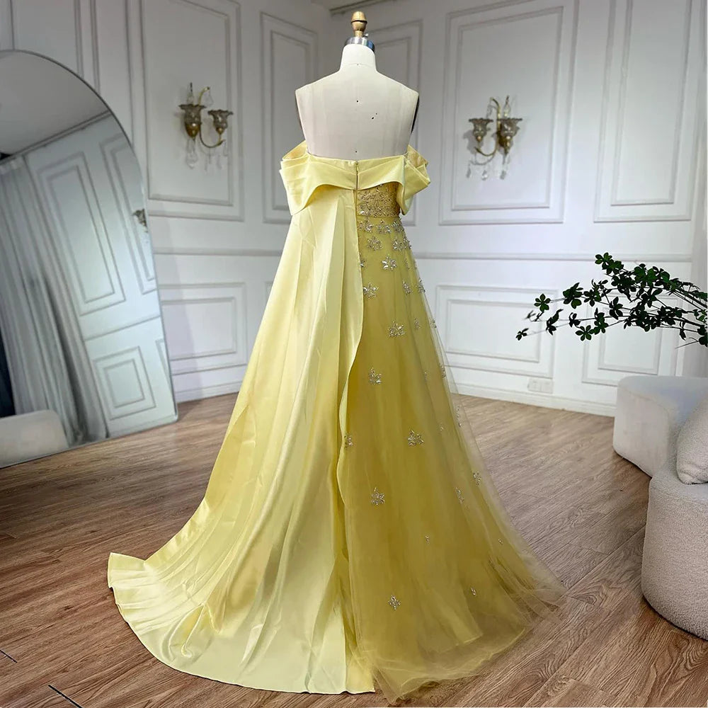 Serene Hill Luxury Dubai Arabic Yellow Elegant Boat Neck Long Evening Dress Beaded Party Gown for Women's Wedding LA72531