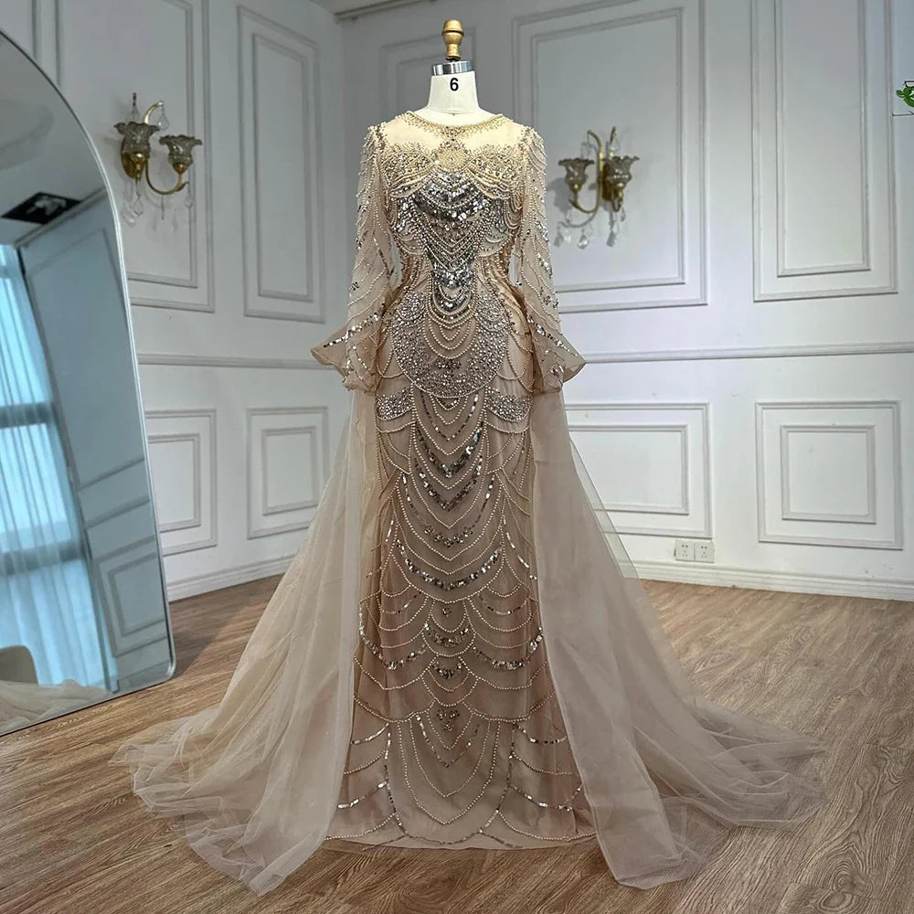 Luxury Arabic Nude Evening Dress Long Sleeve Overskirt LA72971