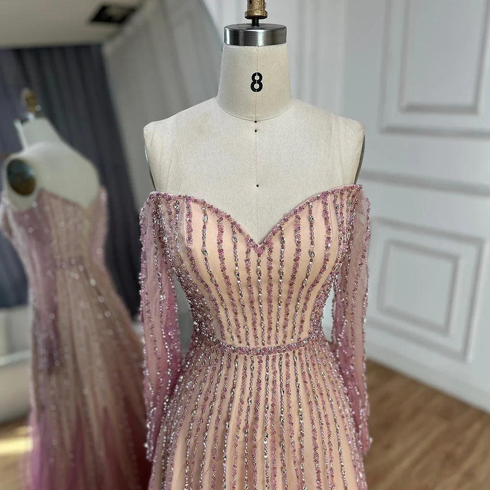 Luxury Dubai Arabic Purple Elegant A-Line Beaded Long Evening Dresses Gowns for Formal Occasion LA72752