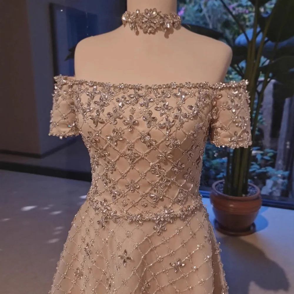 Luxury Nude Sliver Off Shoulder Beaded Crystal A-Line Evening Dress LA73122