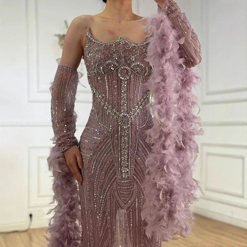 Luxury Caramel Beaded Evening Dress with Feather Sleeves LA73055