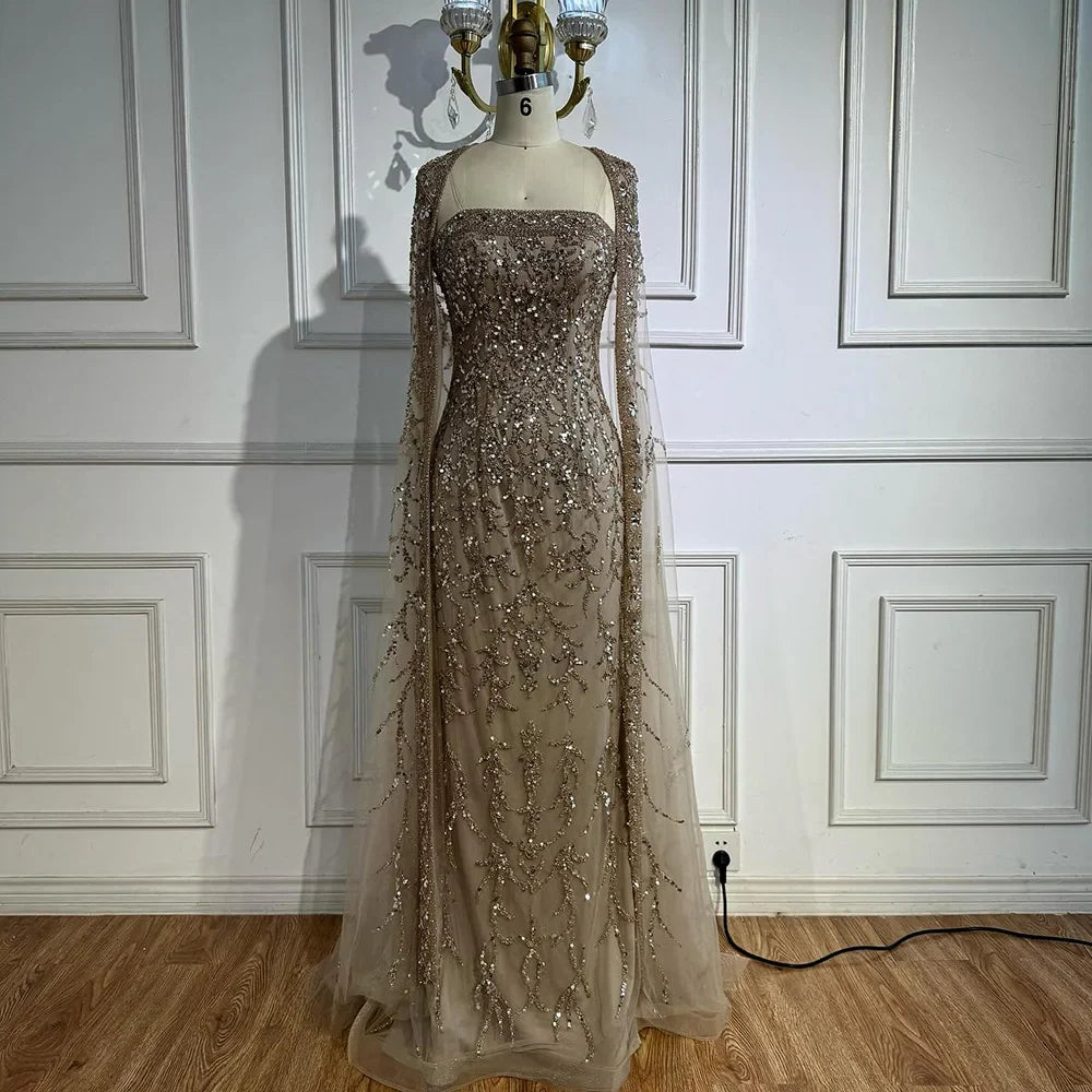 Luxury White Dubai Arabia Beading Evening Dress With Cape LA72870