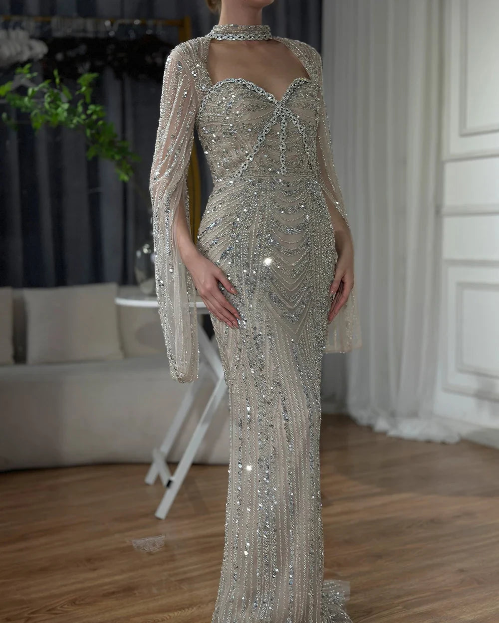 Serene Hill Luxury Dubai Nude Sweetheart Mermaid Beaded Evening Gowns with Back Split for Women's Party LA72560A