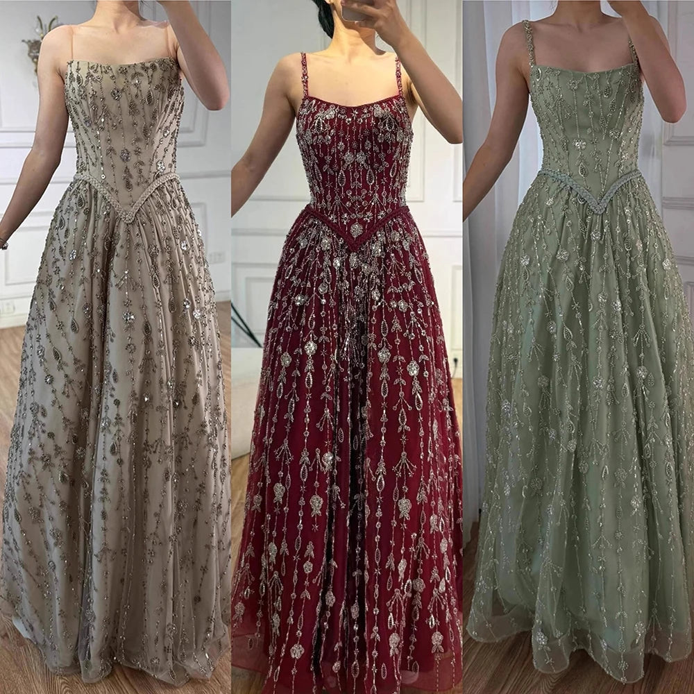 Luxury Sage Green Beaded A-Line Spaghetti Strap Evening Dress LA72805