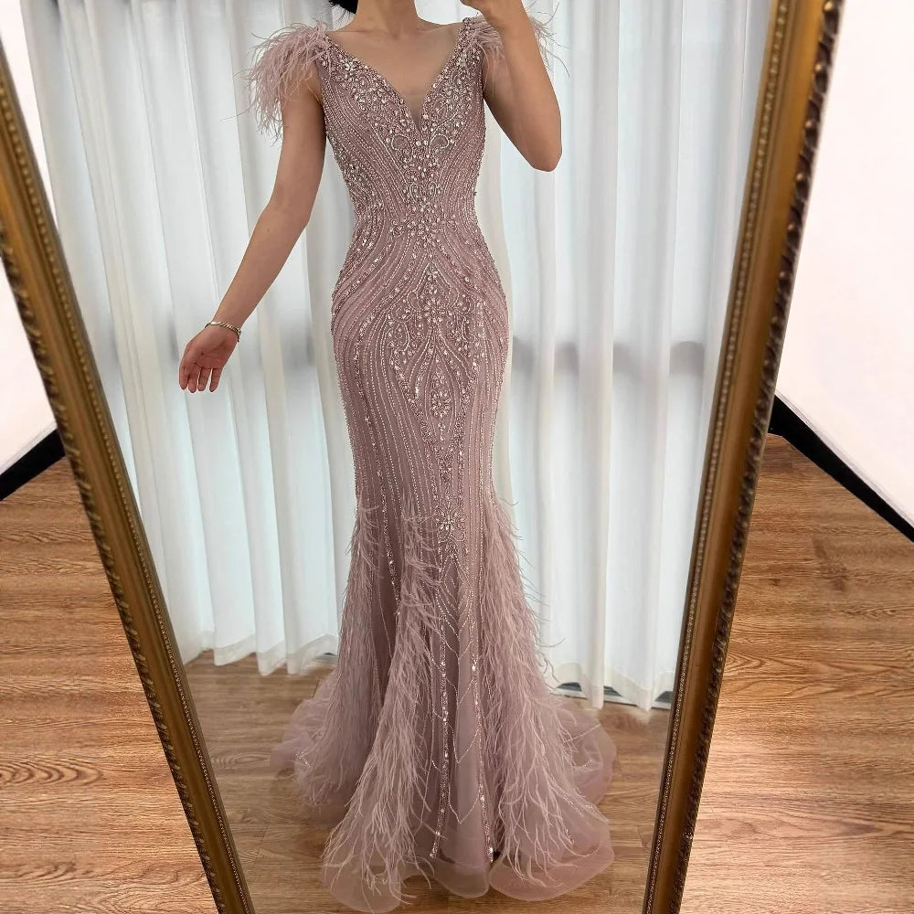 Luxury Designer Pink Feather Beaded Mermaid Evening Dress LA73098