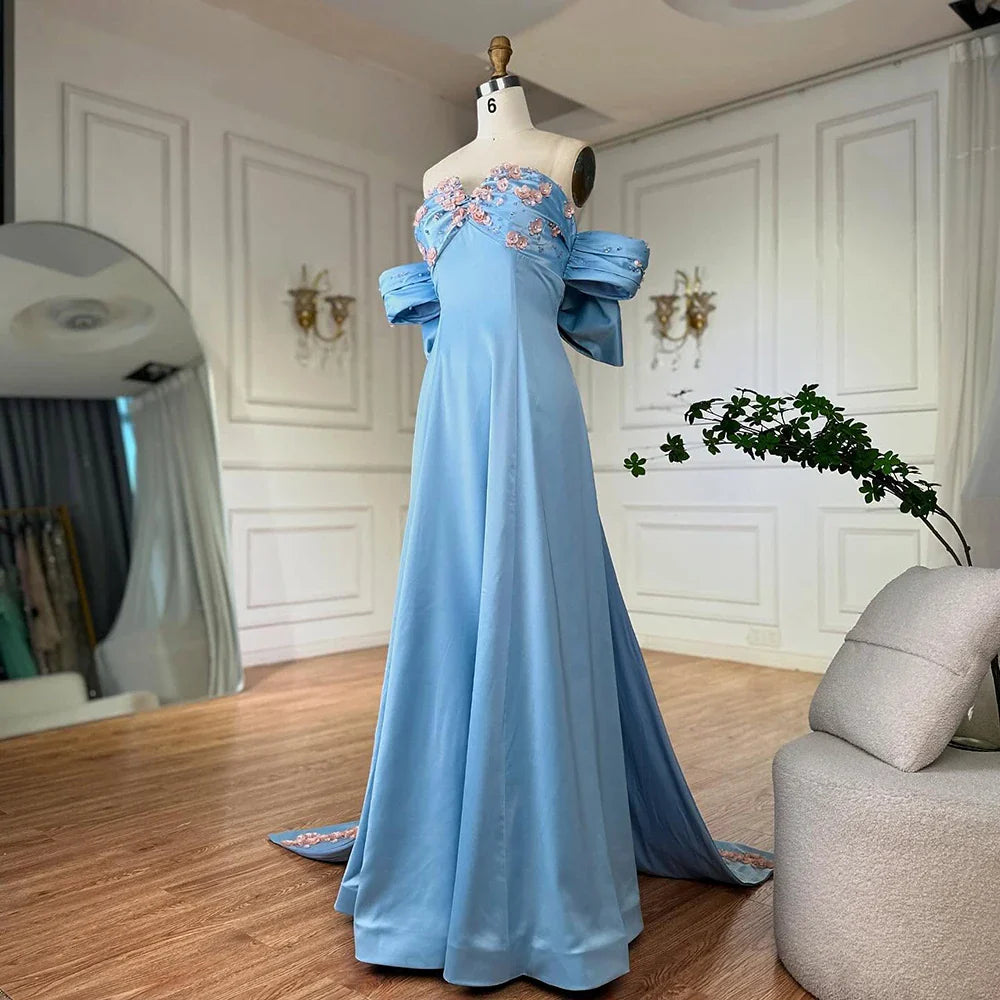 Luxury Dubai Arabic Blue Beaded A-Line Saudi Evening Gown for Formal Occasion LA72792
