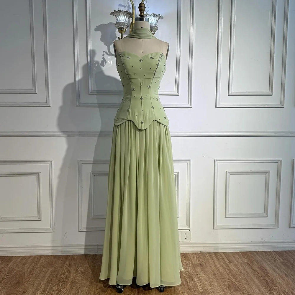 Classy Sage Green Strapless A-Line Chiffon Evening Dress LA73073