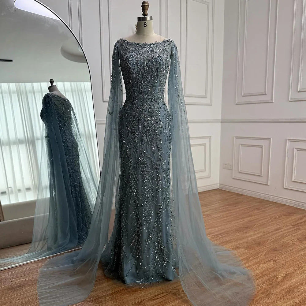 Luxury Caramel Beaded Evening Dress with Cape Sleeves LA73078
