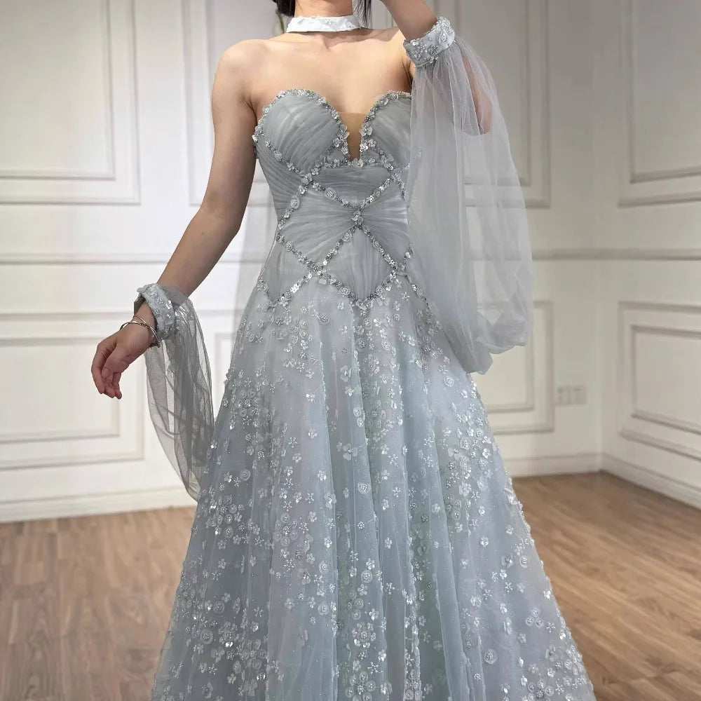 Luxury Dubai Arabic Light Blue Dreamy A-Line Evening Dress LA73099