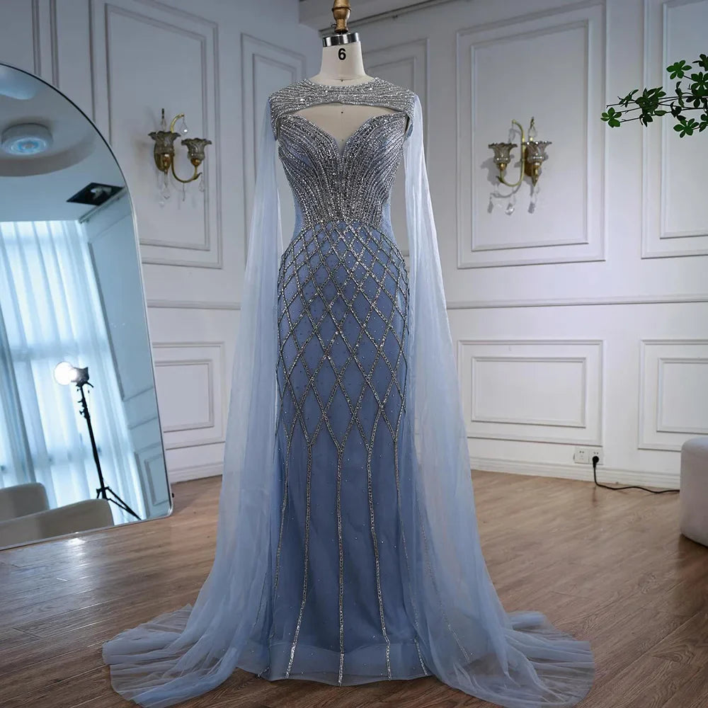 Luxury Nude Beaded Mermaid Evening Dress with Cape LA72814