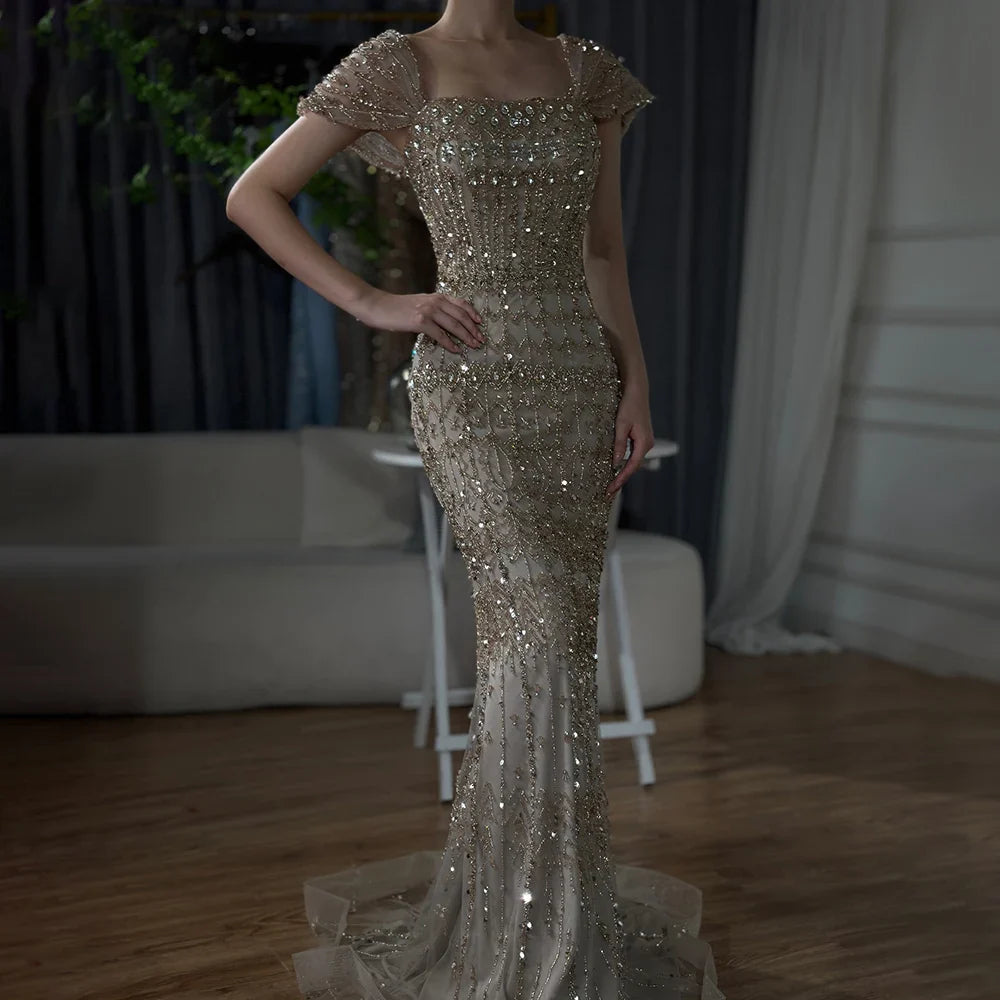 Luxury White Mermaid Beaded Evening Dress with Short Sleeves LA72714