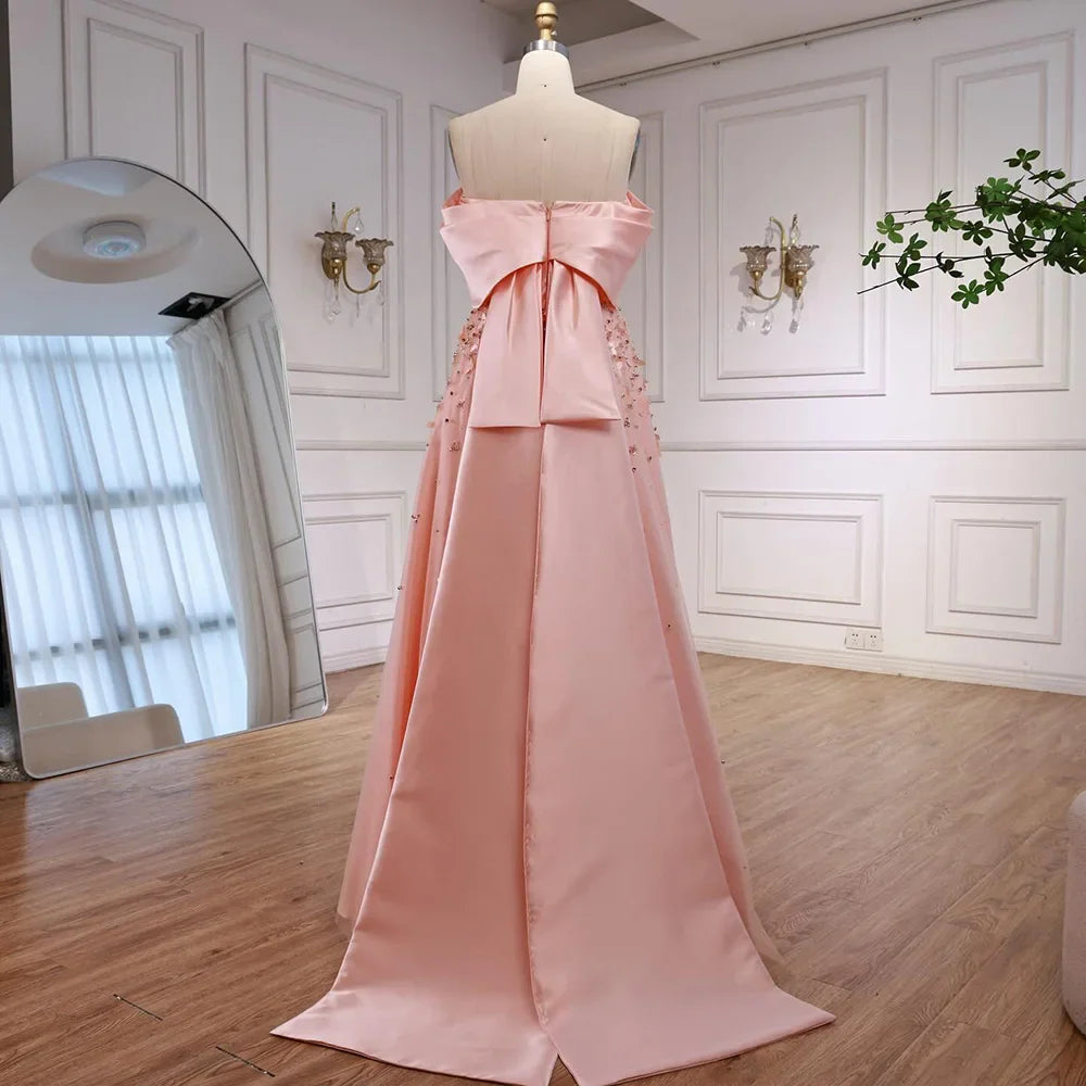 Arabia Peach Off the Shoulder A Line Satin Appliques Evening Dress Gown LA72830