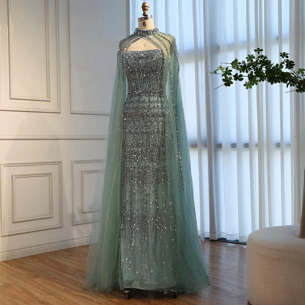 Luxury Turquoise Beaded Evening Dress with Detachable Cape LA72714B