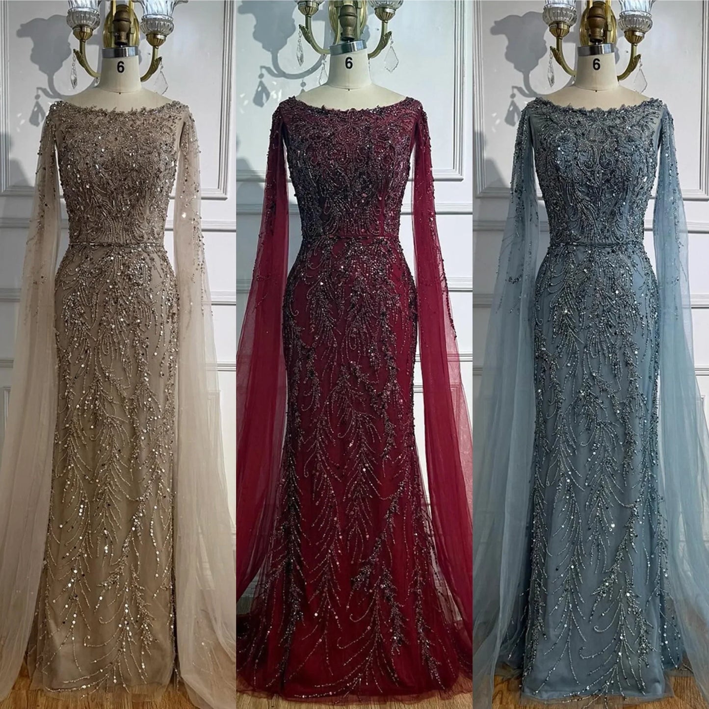 Luxury Caramel Beaded Evening Dress with Cape Sleeves LA73078